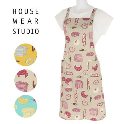 HOUSEWEARSTUDIOハウスウェアスタジオ形態安定加工綿100％薄手ヘリンボンブレッド柄後結びロングレディースエプロン70372190