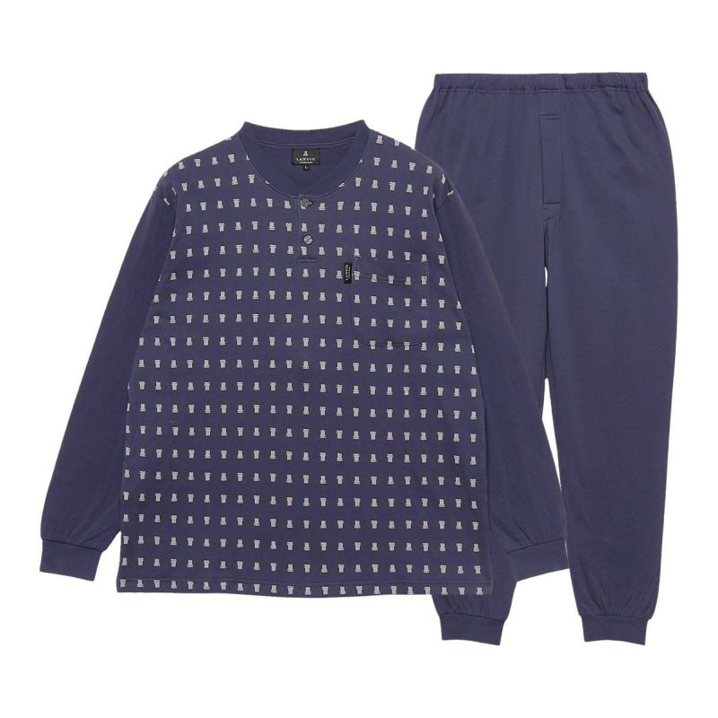 LANVINCOLLECTIONランバンコレクション【MLサイズ】先染め天竺ジャガードクルーネック長袖メンズパジャマ上下セット日本製ボタン男性紳士プレゼントギフト054420054公式ショップ正規ライセンス商品