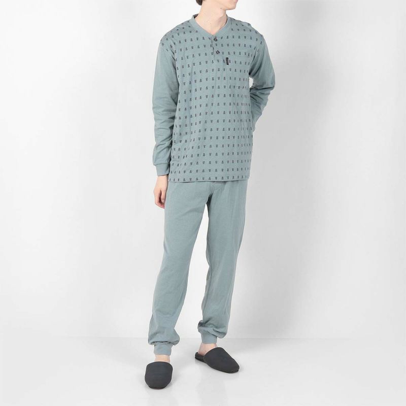 LANVINCOLLECTIONランバンコレクション【MLサイズ】先染め天竺ジャガードクルーネック長袖メンズパジャマ上下セット日本製ボタン男性紳士プレゼントギフト054420054公式ショップ正規ライセンス商品