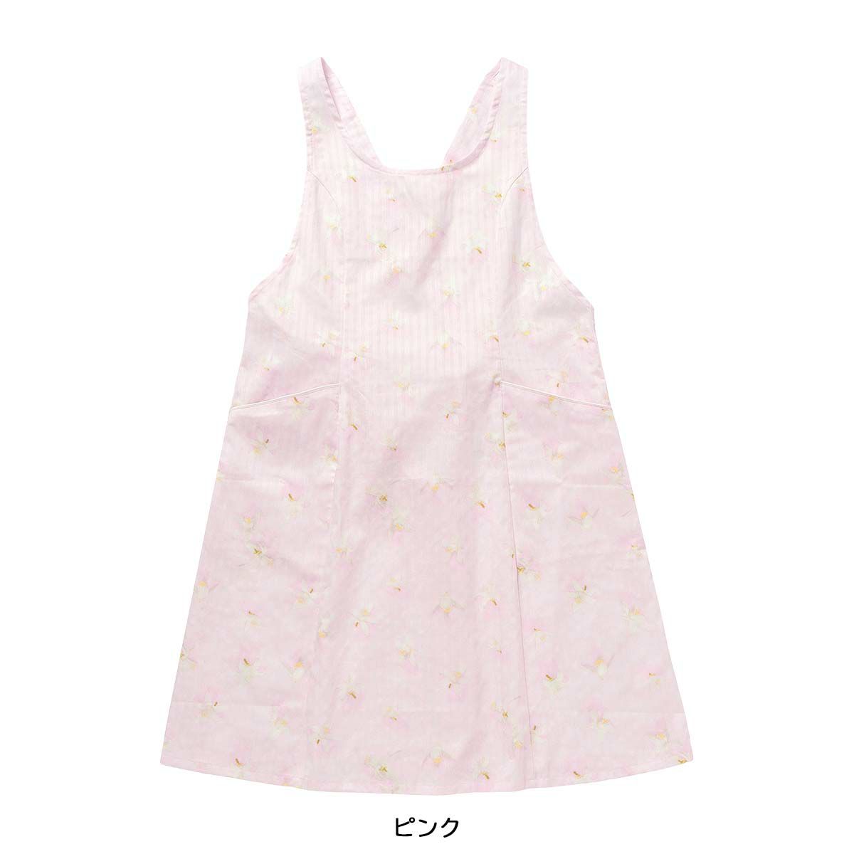 LANVINCOLLECTIONランバンコレクション形態安定加工カトレア柄綿100%サテンストライプ後結びロングエプロンレディース70043003