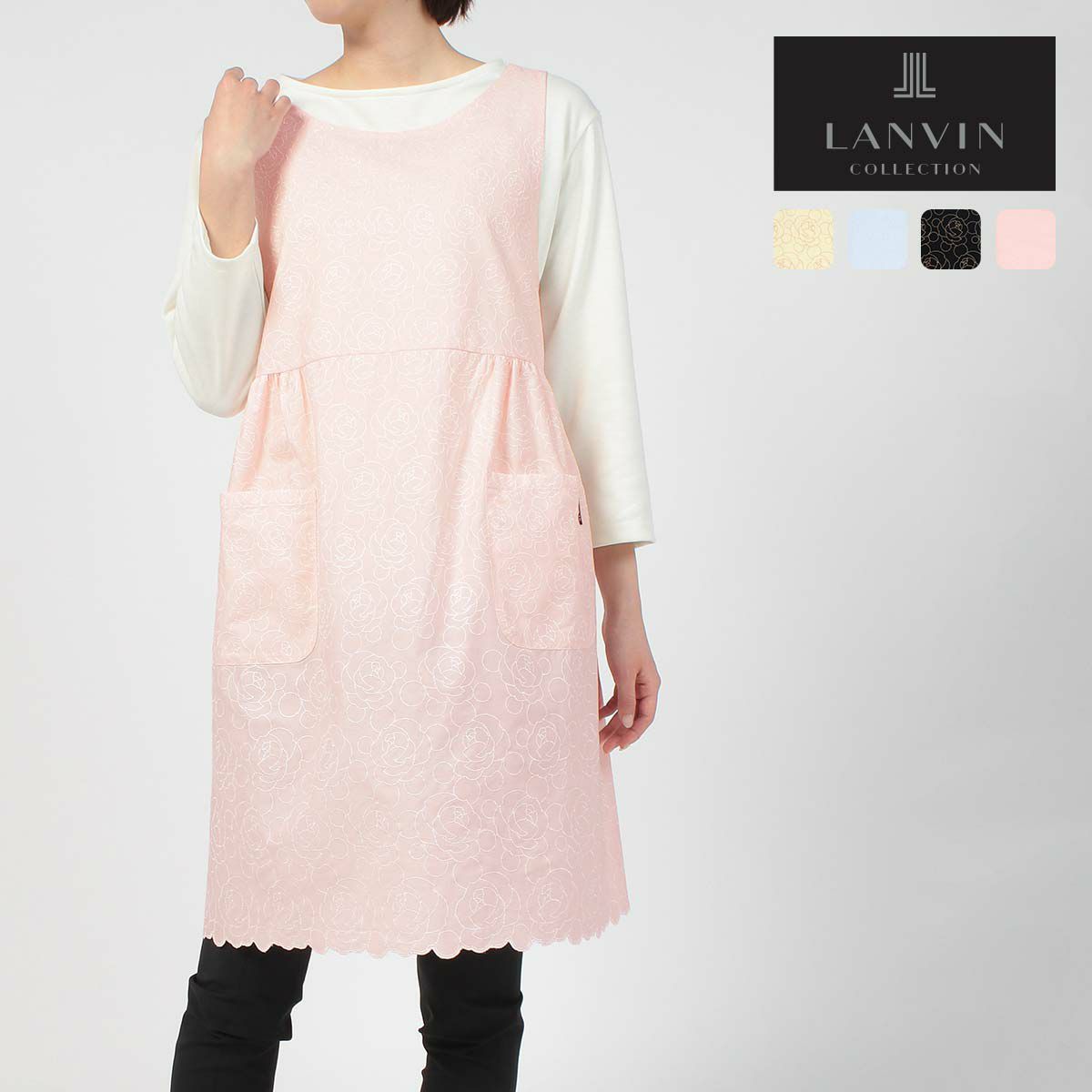 LANVINCOLLECTIONランバンコレクションエクセロンローズ柄綿100％日本製刺繍生地後結び背付きエプロンレディース70043018