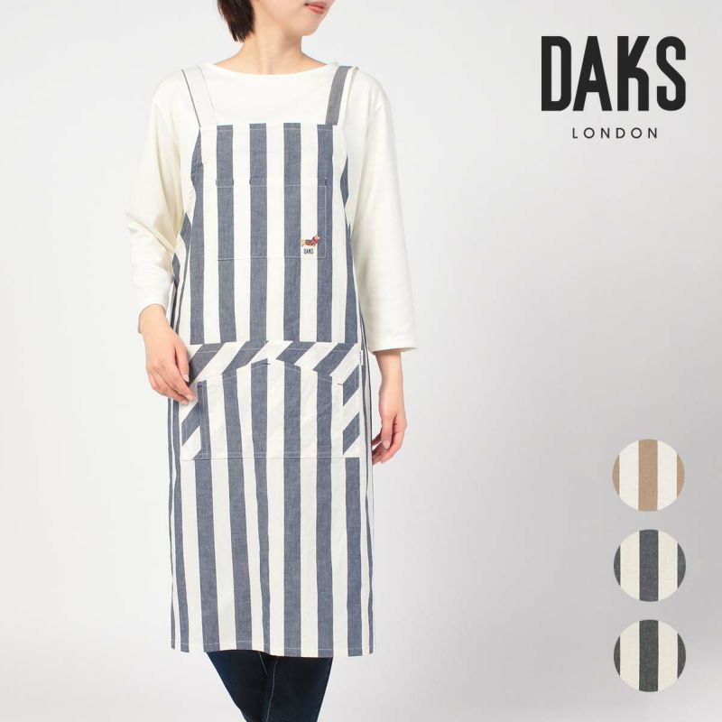 DAKS ダックス DAKSDOG柄 綿麻混 先染め太ストライプ 後ボタン H型 ゆったり着れて疲れにくい エプロン レディース メンズ ユニセックス  70093032