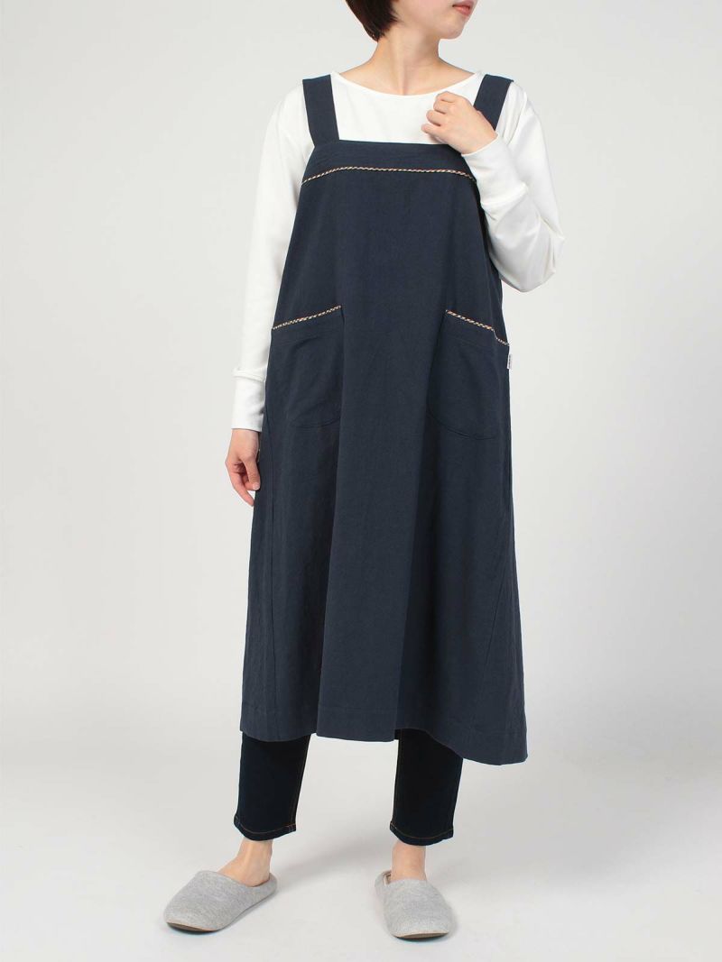 ◆DAKS レザー ディテール 綿混紡 ワンピース Vネックティアードワンピース 綿麻オックス | OPナガソデ