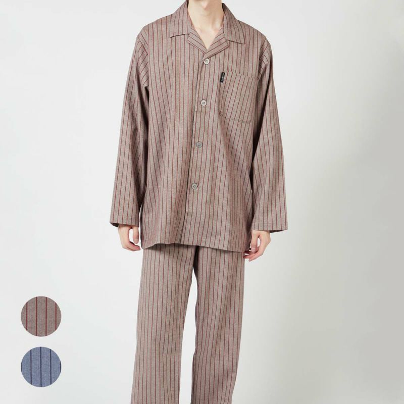 LANVINCOLLECTIONランバンコレクション上下セット【M・Lサイズ】綿100％先染めツイル微起毛ヘリンボンツイルストライプ長袖前ボタン前開きテーラーパジャマ日本製メンズ男性紳士部屋着あたたかいプレゼント54430021