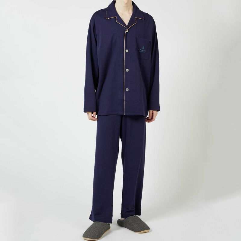 LANVINCOLLECTIONランバンコレクション上下セット【M・Lサイズ】綿100％先染め接結バイカラー長袖前ボタン前開きテーラーパジャマメンズ男性紳士部屋着あたたかいプレゼントギフト54430024