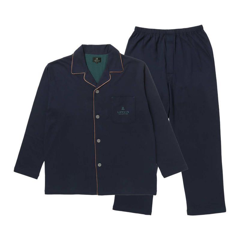 LANVINCOLLECTIONランバンコレクション上下セット【LLサイズ】綿100％先染め接結バイカラー長袖前ボタン前開きテーラーパジャマメンズ男性紳士部屋着あたたかいプレゼントギフト54431024