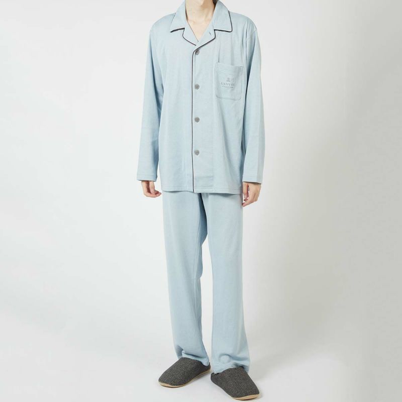 LANVINCOLLECTIONランバンコレクション上下セット【LLサイズ】綿100％先染め接結バイカラー長袖前ボタン前開きテーラーパジャマメンズ男性紳士部屋着あたたかいプレゼントギフト54431024