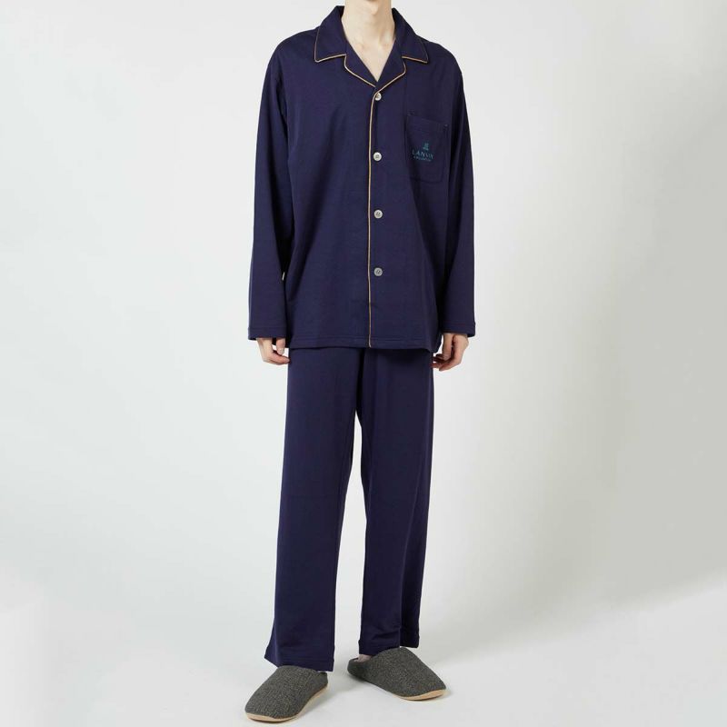 LANVINCOLLECTIONランバンコレクション上下セット【LLサイズ】綿100％先染め接結バイカラー長袖前ボタン前開きテーラーパジャマメンズ男性紳士部屋着あたたかいプレゼントギフト54431024