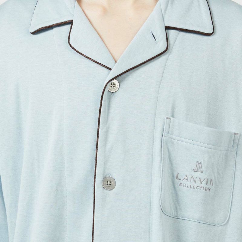 LANVINCOLLECTIONランバンコレクション上下セット【LLサイズ】綿100％先染め接結バイカラー長袖前ボタン前開きテーラーパジャマメンズ男性紳士部屋着あたたかいプレゼントギフト54431024