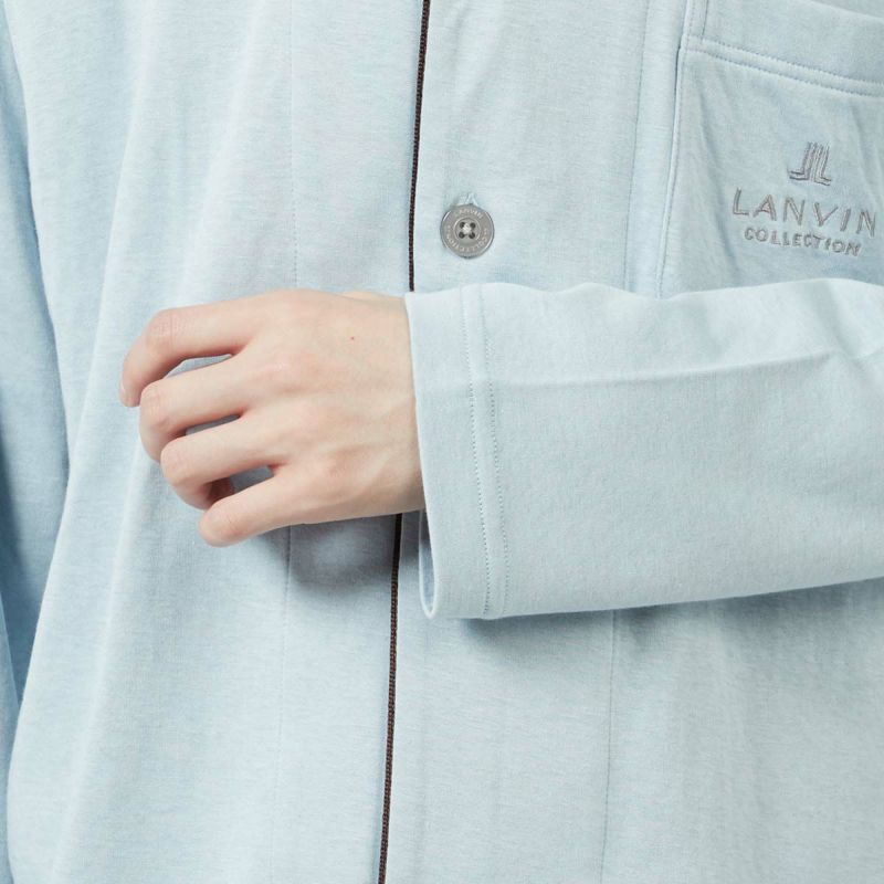 LANVINCOLLECTIONランバンコレクション上下セット【LLサイズ】綿100％先染め接結バイカラー長袖前ボタン前開きテーラーパジャマメンズ男性紳士部屋着あたたかいプレゼントギフト54431024