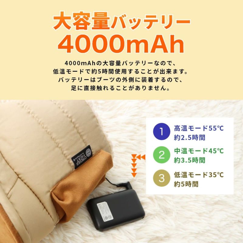 USBヒータールームシューズ10秒速暖USB充電式バッテリー付PSE認証済み3段階温度調整コードレス足首まであったか内側ボアフットウォーマー室内用電気足温器防寒足元暖房CROSSHEAT90301020