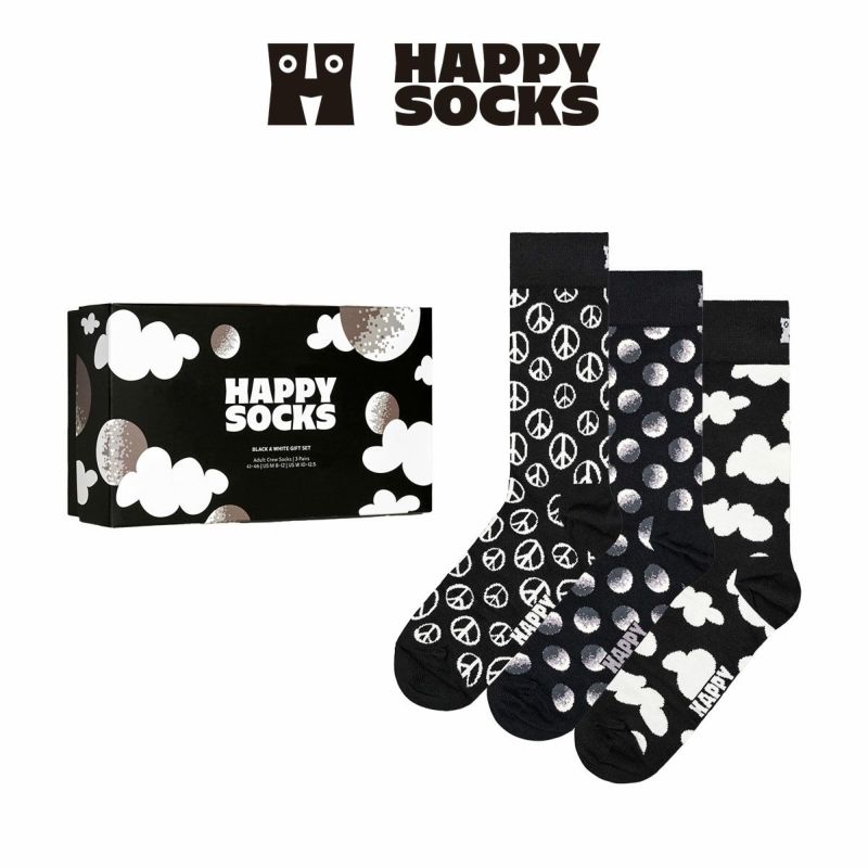 【3足セット】HappySocksハッピーソックスメンズ＆レディースプレゼント無料ラッピングギフト3-PACKBlackAndWhiteCREWブラック＆ホワイト３足組ギフトボックスクルー丈ソックス靴下10240038