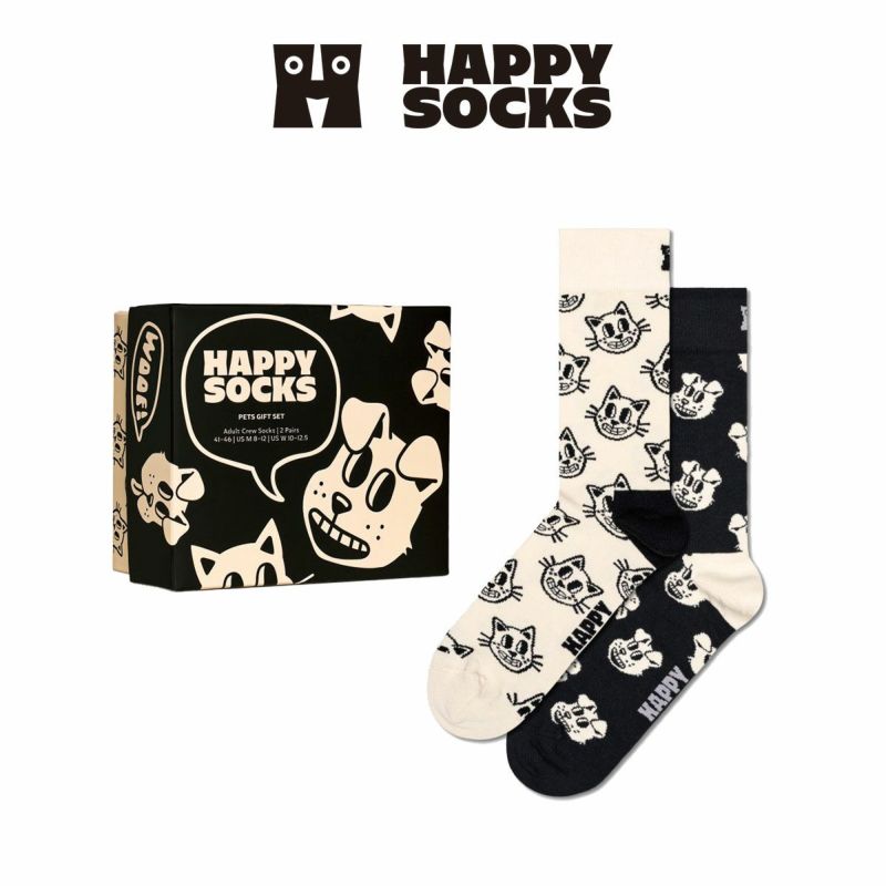 【2足セット】HappySocksハッピーソックスメンズ＆レディースプレゼント無料ラッピングギフト2-PackPetsSocksGiftSetペットソックス2足組ギフトボックスキャット＆ドッグクルー丈ソックス靴下10243004