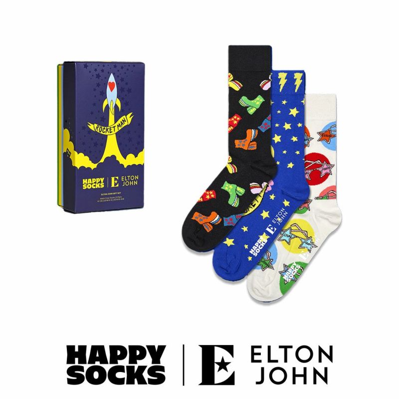 【3足セット】HappySocksハッピーソックスメンズ＆レディースプレゼント無料ラッピングギフトEltonJohn3-PackGiftSetエルトンジョンコラボクルー丈ソックス靴下3足ギフトBOX14243001