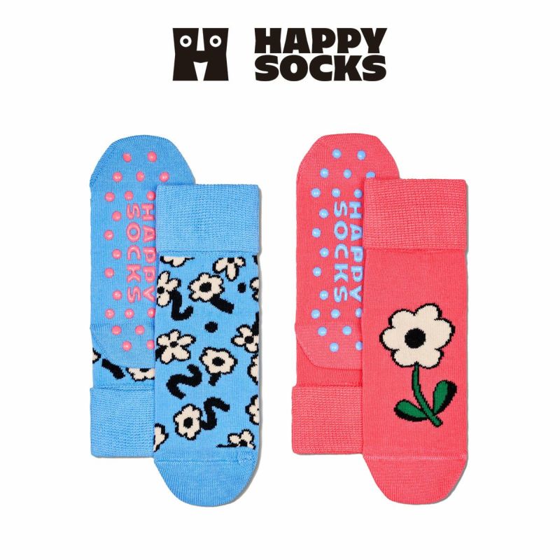 【2足セット】HappySocksハッピーソックスメンズ＆レディースプレゼント無料ラッピングギフトKids2-PackFlowerAnti-SlipSocks花柄子供用キッズクルー丈ソックス2足組靴下12240025