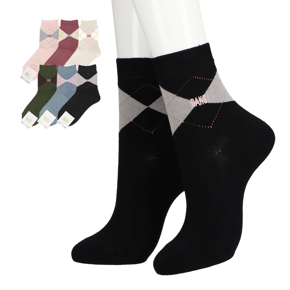 DAKSダックス日本製履き口ソフトレーヨンシルク混DAKS刺繍アーガイルクルー丈レディースソックス靴下女性プレゼントギフト03367010
