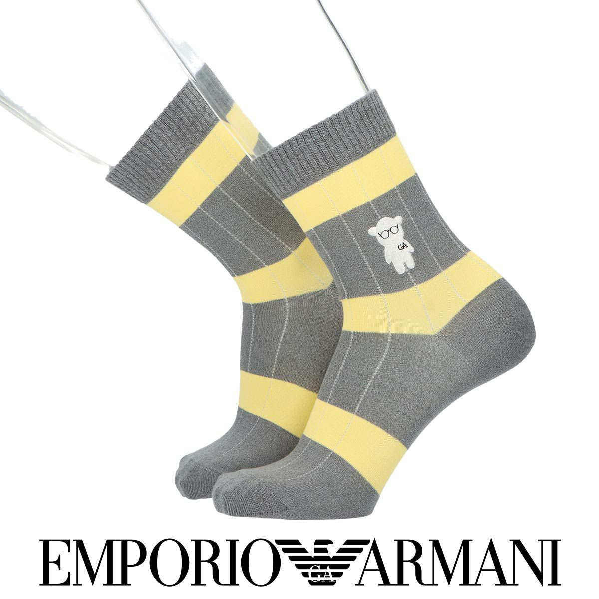 EMPORIOARMANIエンポリオアルマーニタックストライプ3色ボーダーマンガベア刺繍ミドル丈カジュアルソックスメンズ靴下男性紳士プレゼントギフト02342403