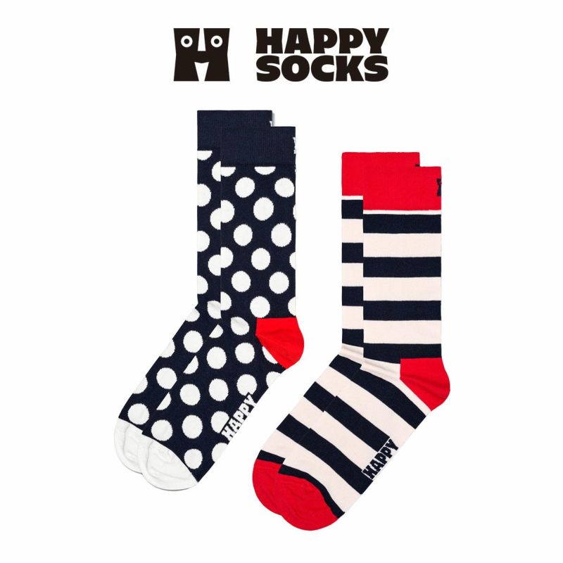 【2足セット】HappySocksハッピーソックスClassicBigDotStripe（ドット＆ストライプ）オーガニックコットンクルー丈ソックス靴下ユニセックスメンズ＆レディースプレゼント無料ラッピングギフト10232027