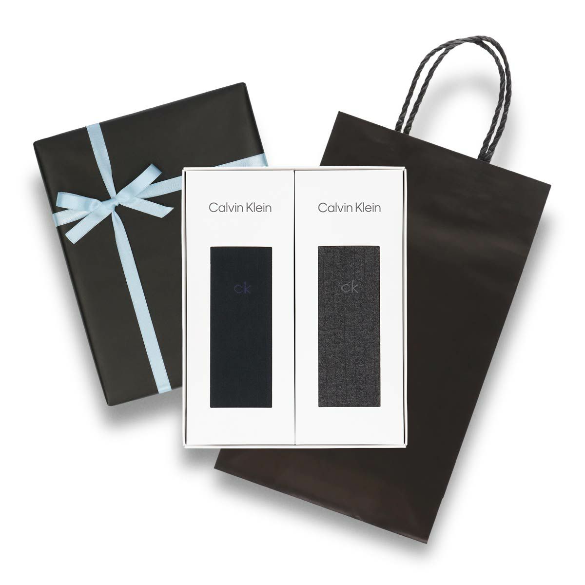 【送料無料】男性プレゼント手提げ紙袋付きCalvinKleinカルバン・クラインオールシーズン用ビジネスブランド靴下2足セットリブ編み抗菌防臭クルー丈メンズソックス箱入りギフトセット贈答92592022（CK-20ec-RB）giftset