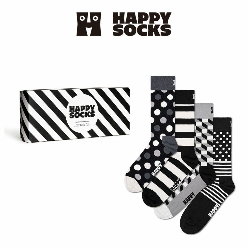 【4足セット】HappySocksハッピーソックスClassicBlack&White（クラシックブラックアンドホワイト）クルー丈ソックス靴下ユニセックスメンズ＆レディースプレゼント無料ラッピングギフト10203513