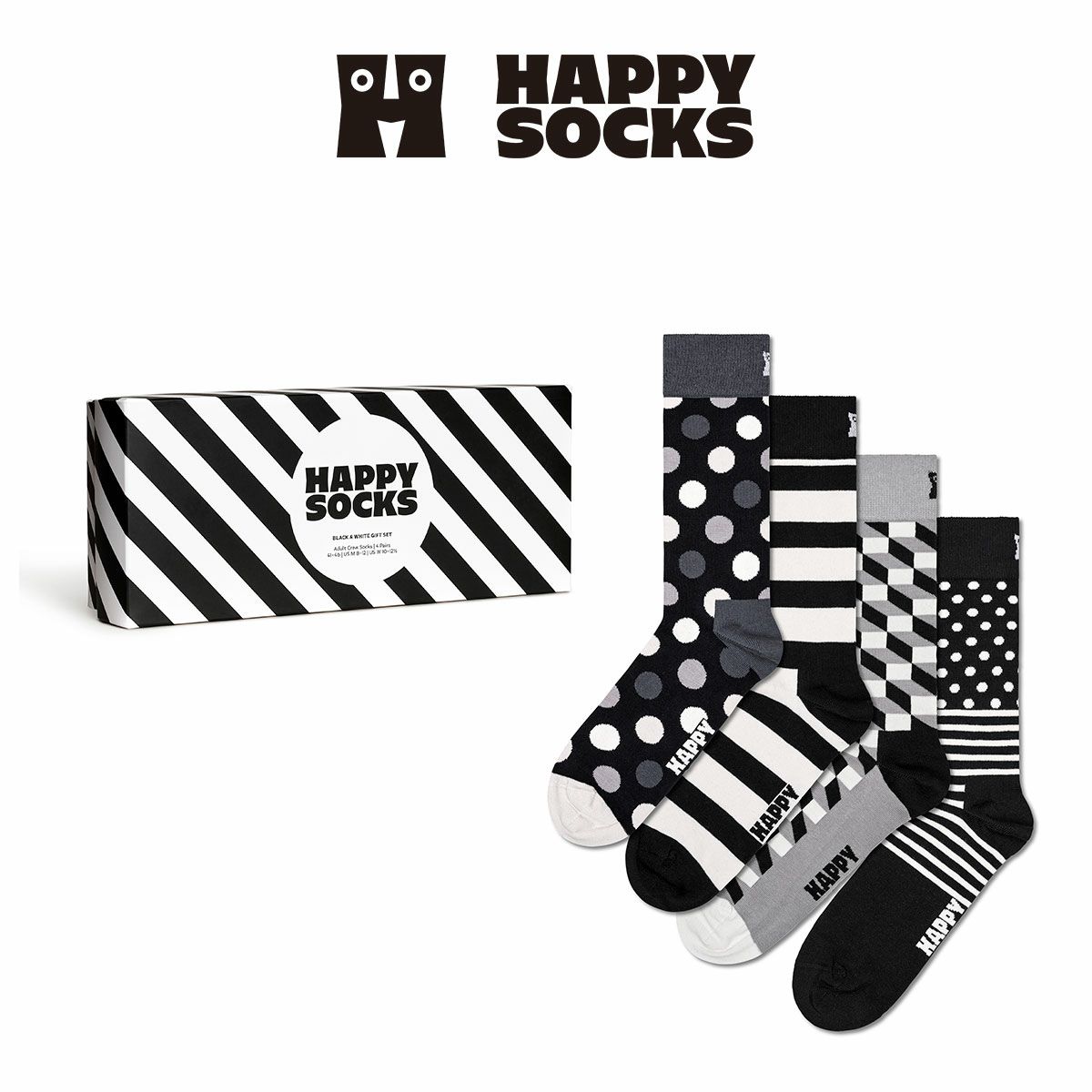 【4足セット】HappySocksハッピーソックスClassicBlack&White（クラシックブラックアンドホワイト）クルー丈ソックス靴下ユニセックスメンズ＆レディースプレゼント無料ラッピングギフト10203513