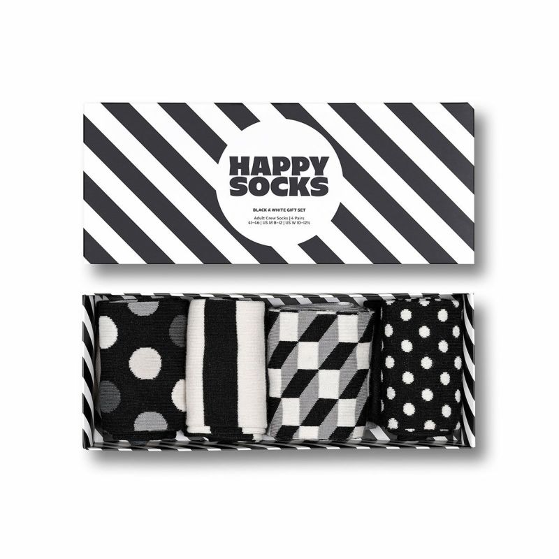 【4足セット】HappySocksハッピーソックスClassicBlack&White（クラシックブラックアンドホワイト）クルー丈ソックス靴下ユニセックスメンズ＆レディースプレゼント無料ラッピングギフト10203513