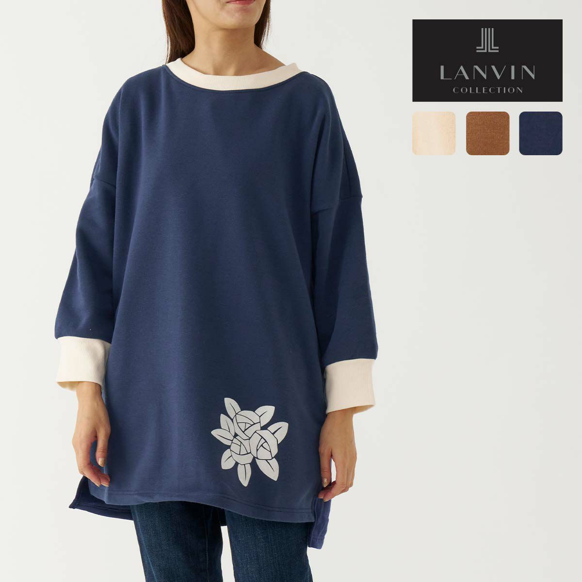LANVIN COLLECTION ランバン コレクション 裏起毛 ポリエステル100％ 後ボタン 割烹着 フェリシテローズ柄 かっぽう着 カッポー スモック エプロン レディース 70044019