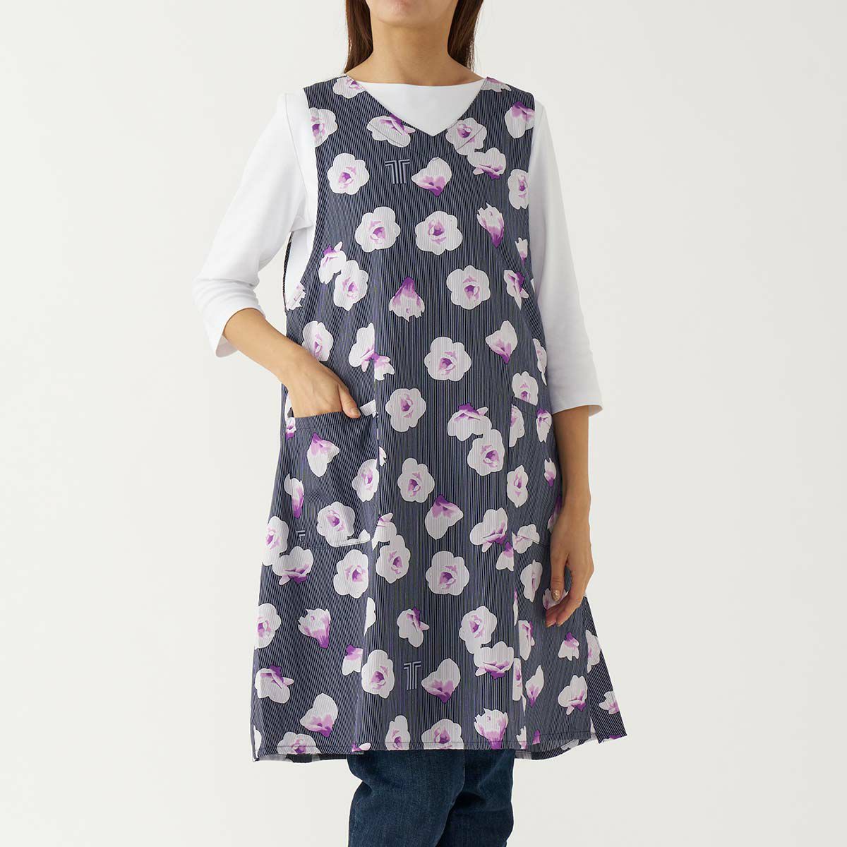 LANVIN COLLECTION ランバン コレクション 形態安定加工 綿100％ 横ボタン サイドボタン サテンストライプ ギワッシュローズ柄 背付き エプロン レディース 70045005