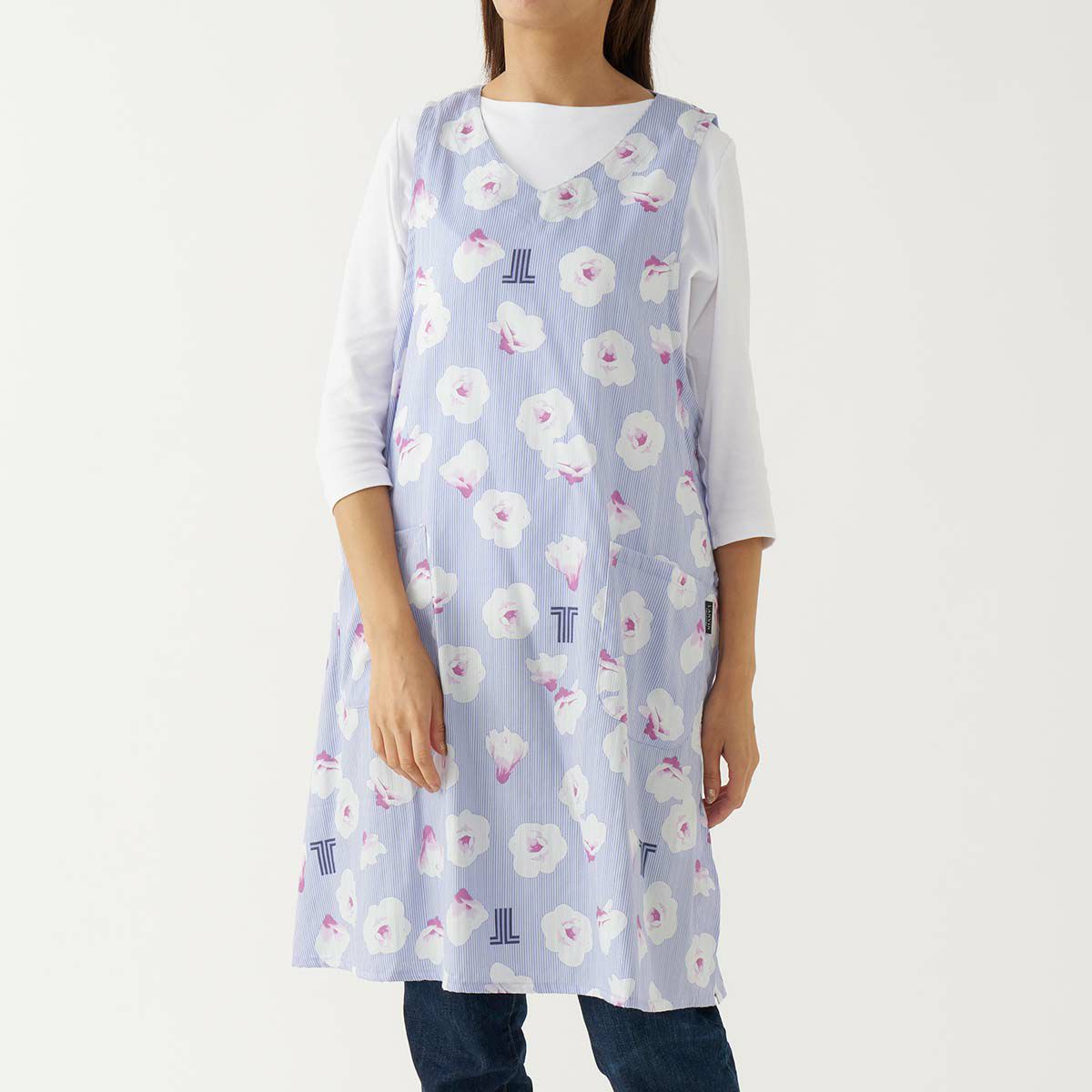 LANVIN COLLECTION ランバン コレクション 形態安定加工 綿100％ 横ボタン サイドボタン サテンストライプ ギワッシュローズ柄 背付き エプロン レディース 70045005