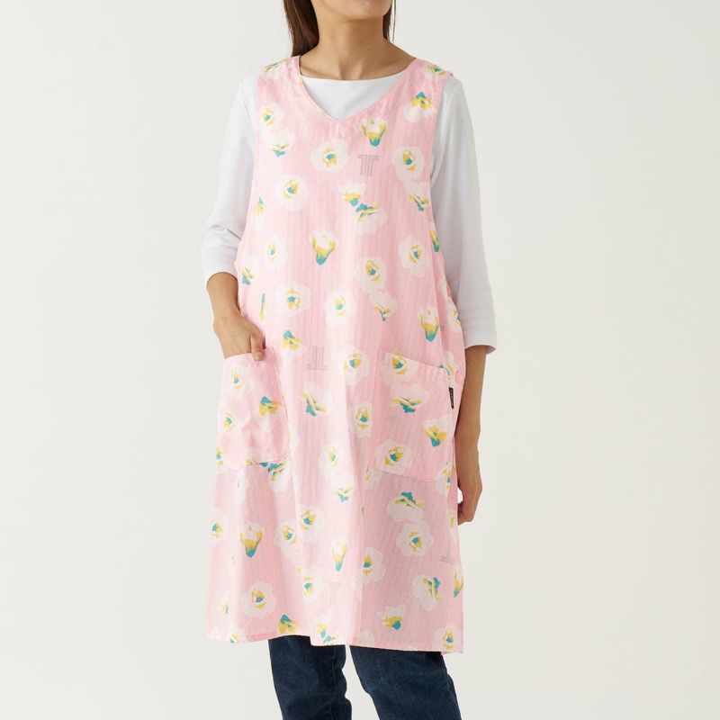 LANVIN COLLECTION ランバン コレクション 形態安定加工 綿100％ 横ボタン サイドボタン サテンストライプ ギワッシュローズ柄 背付き エプロン レディース 70045005