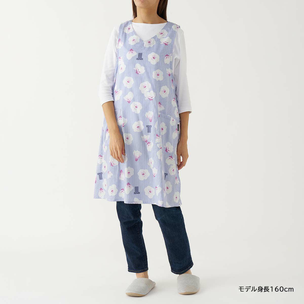 LANVIN COLLECTION ランバン コレクション 形態安定加工 綿100％ 横ボタン サイドボタン サテンストライプ ギワッシュローズ柄 背付き エプロン レディース 70045005