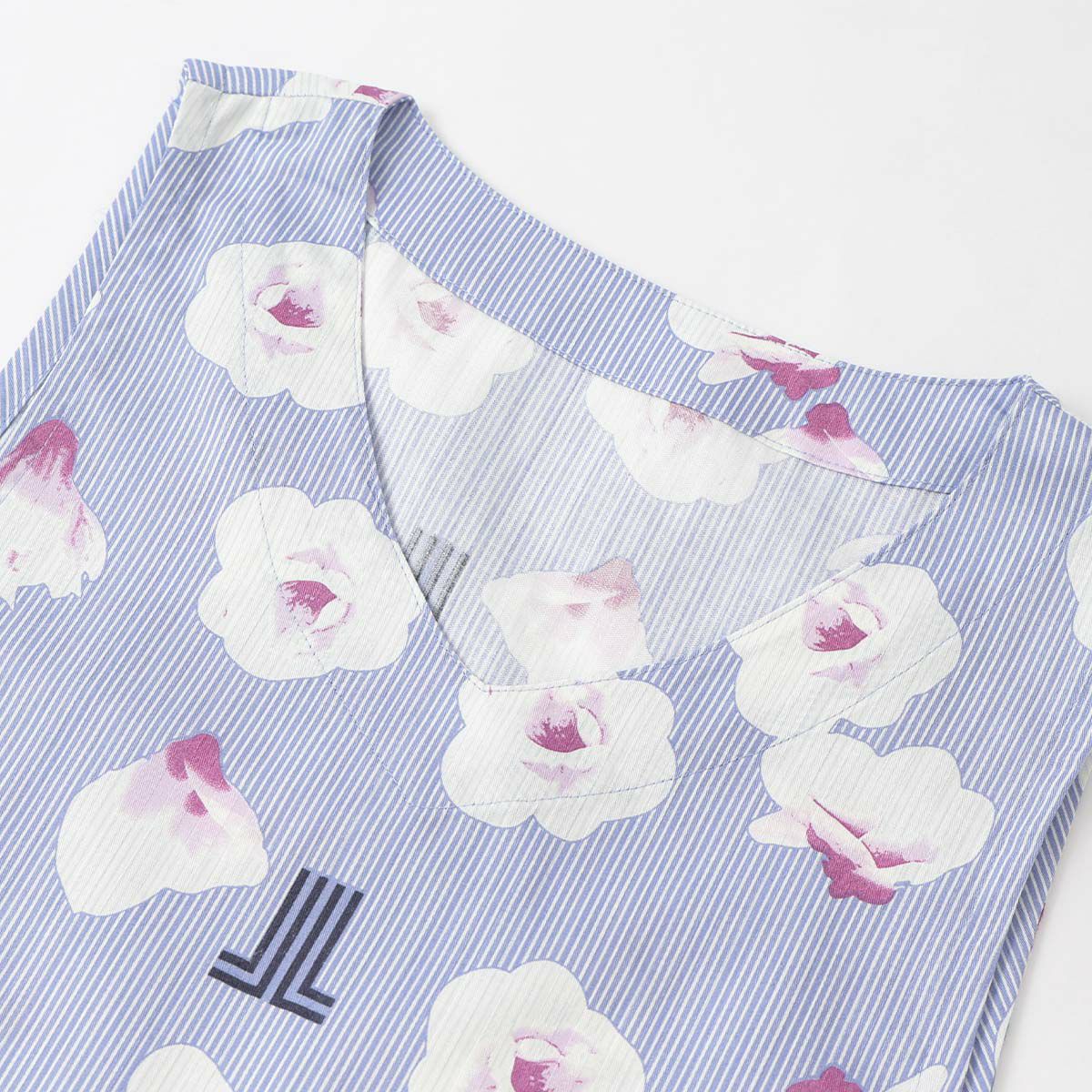 LANVIN COLLECTION ランバン コレクション 形態安定加工 綿100％ 横ボタン サイドボタン サテンストライプ ギワッシュローズ柄 背付き エプロン レディース 70045005