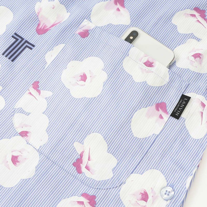 LANVIN COLLECTION ランバン コレクション 形態安定加工 綿100％ 横ボタン サイドボタン サテンストライプ ギワッシュローズ柄 背付き エプロン レディース 70045005